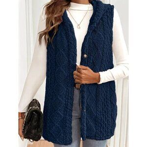 Navy Hooded Plush Vest With Buttons Sleeveless  Outerwear S-XXL Sizes